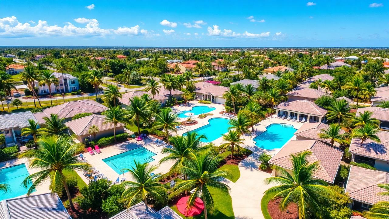 Aerial view of Palm Beach County Florida neighborhood with palm trees and sunshine